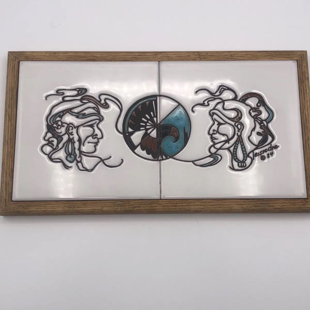 Cleo Teissedre Vintage 1984 Hand Painted Navajo Tiles In Oak Frame